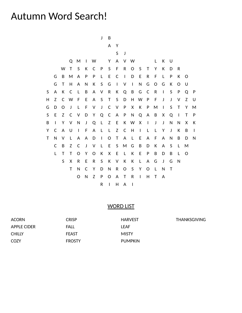 Pumpkin-shaped autumn word search with fall words like harvest, Thanksgiving, and pumpkin.