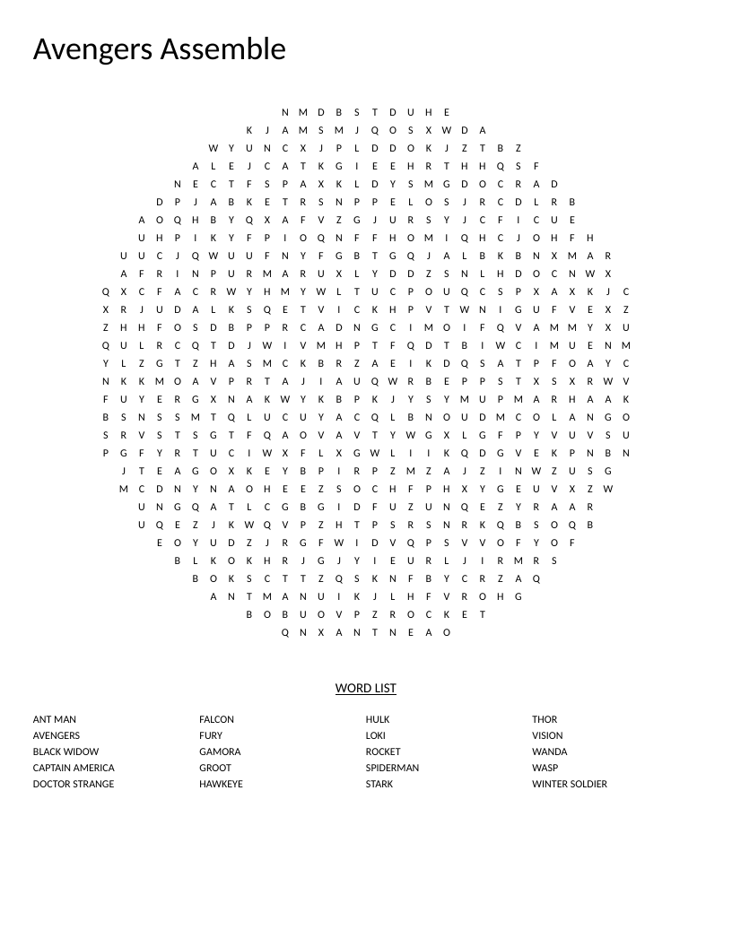 Circle-shaped Avengers word search with Marvel character names like Stark, Thor, and Black Widow.