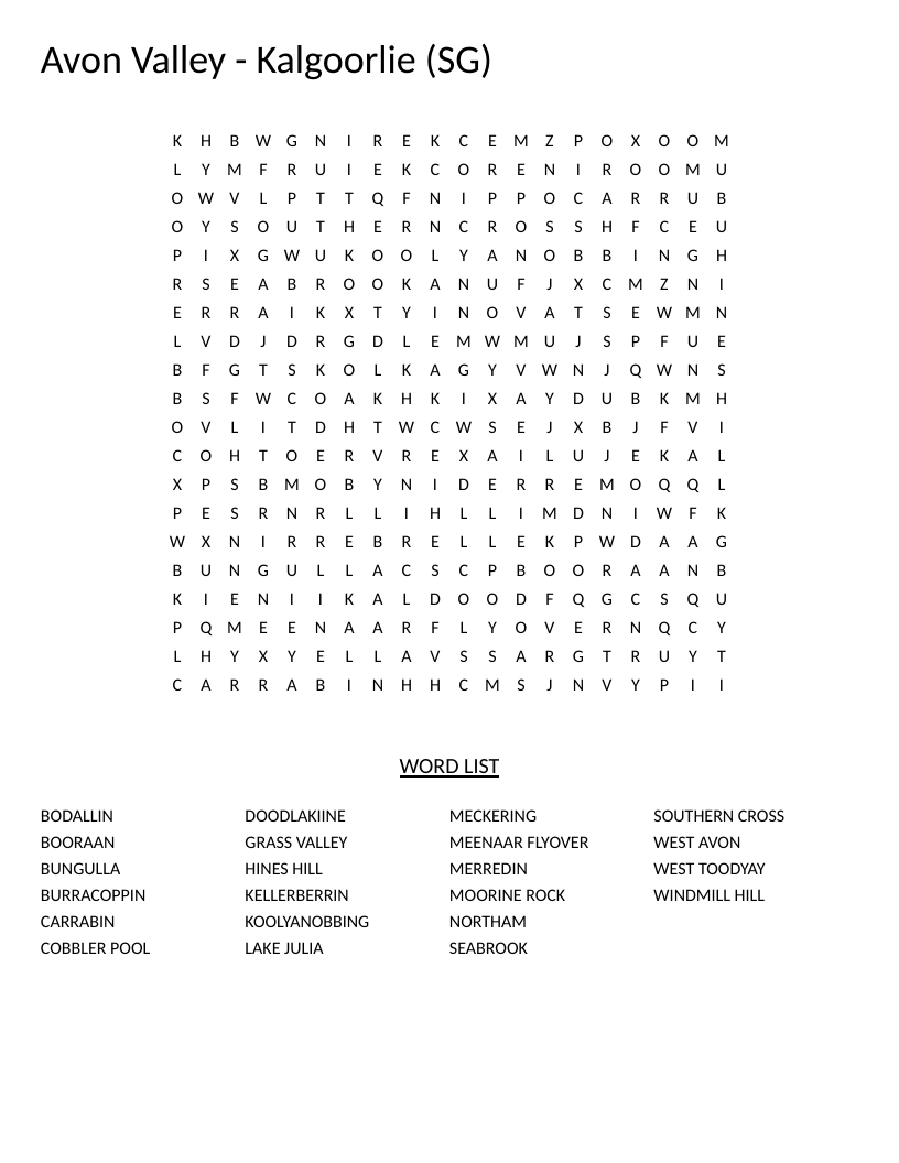 Word search featuring Australian towns in Avon Valley and Kalgoorlie, Western Australia.