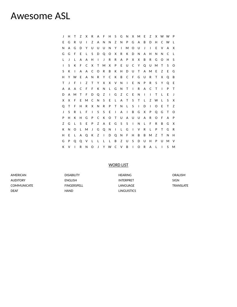 American Sign Language word search with words like deaf, fingerspell, and interpret.