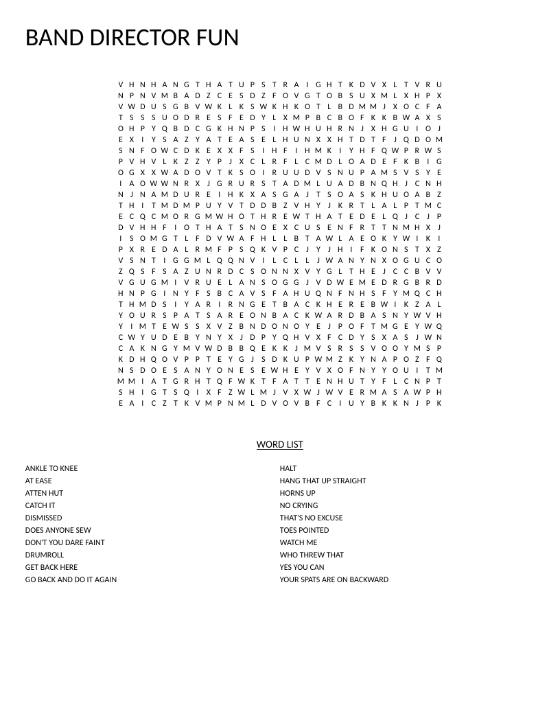 Band director humor word search with phrases like "Horns Up" and "Go Back and Do It Again."