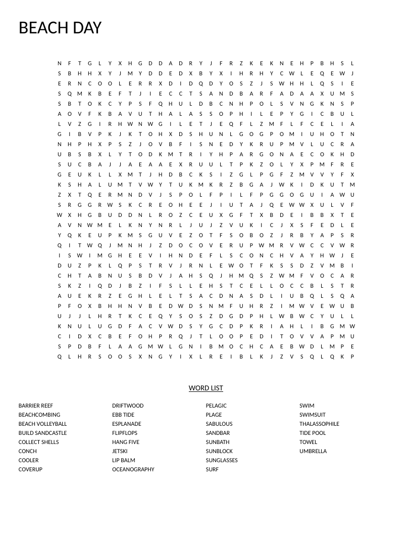 Beach Day word search with summer vocabulary like swimsuit, tidepool, and conch.