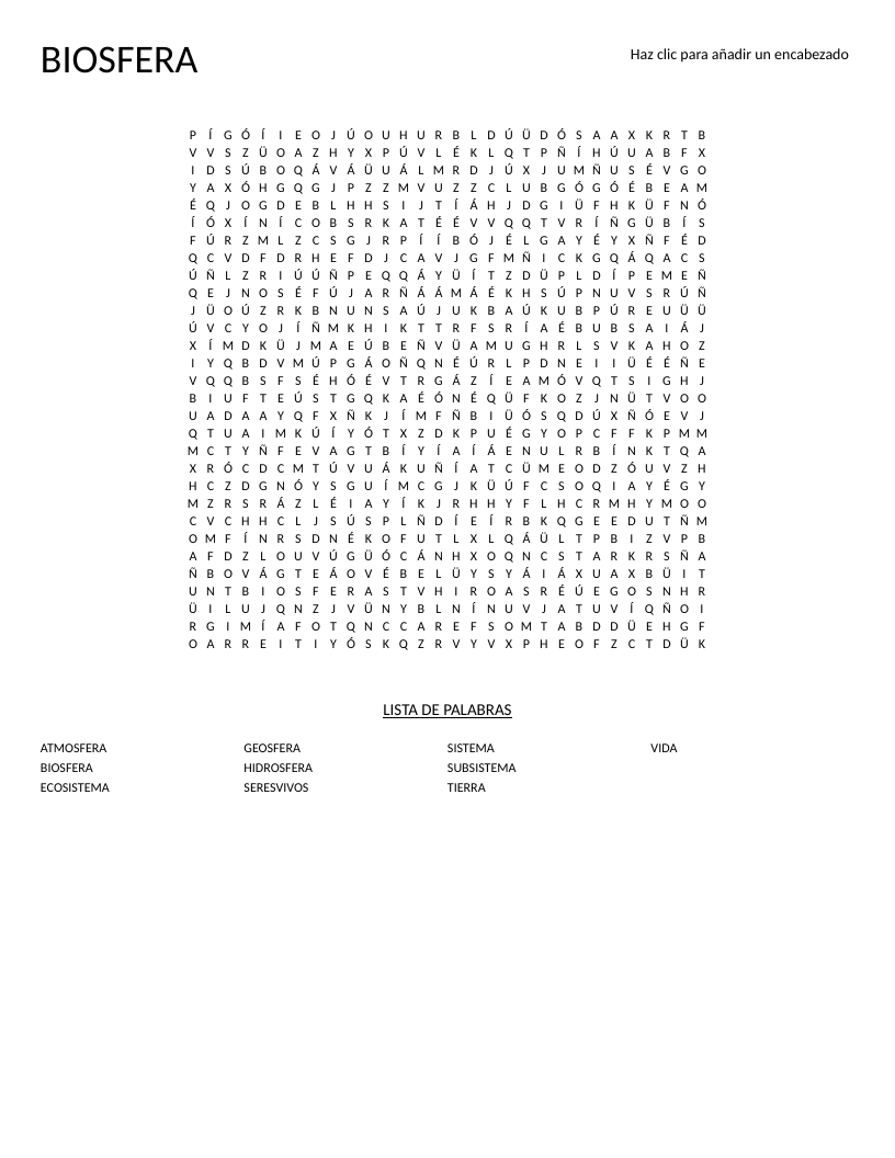 Spanish biosfera word search with words like atmosfera, ecosistema, and hidrosfera.