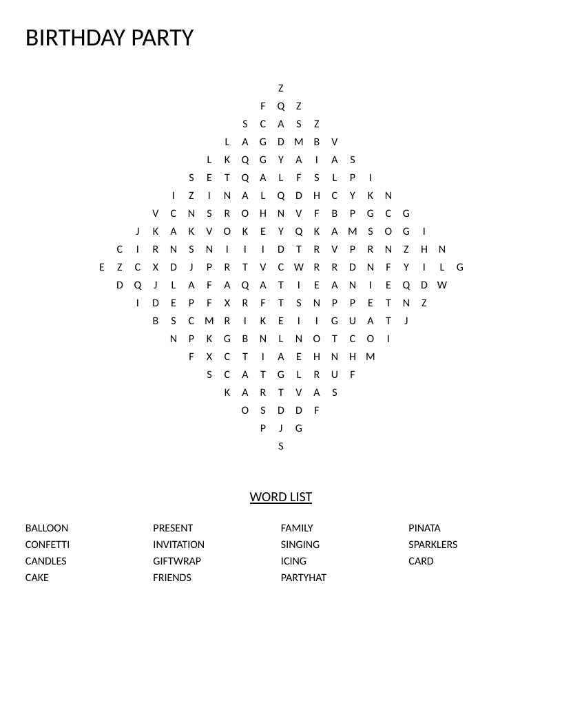 Diamond-shaped birthday party word search with words like balloon, cake, and pinata.