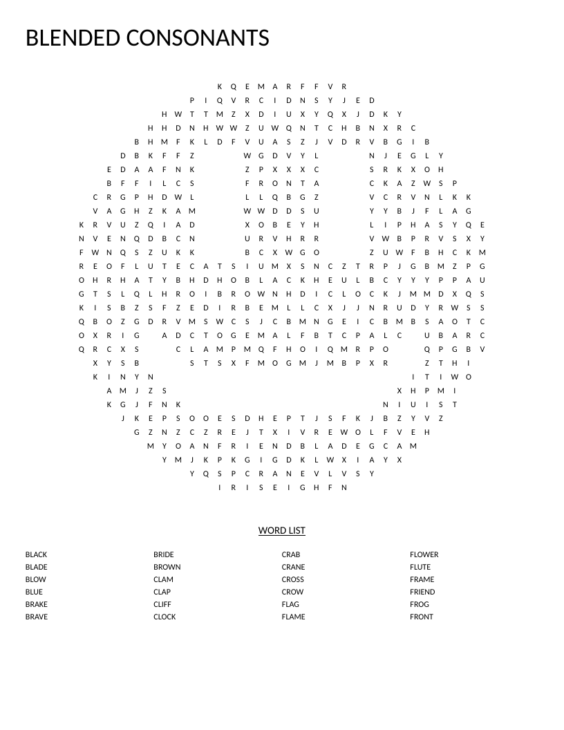 Smiley-shaped blended consonants word search with words like black, clock, flower, and friend.