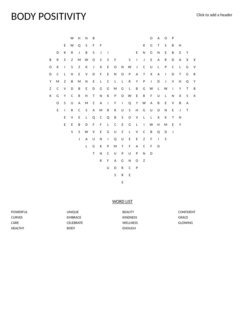 Heart-shaped body positivity word search with words like embrace, powerful, and curves.
