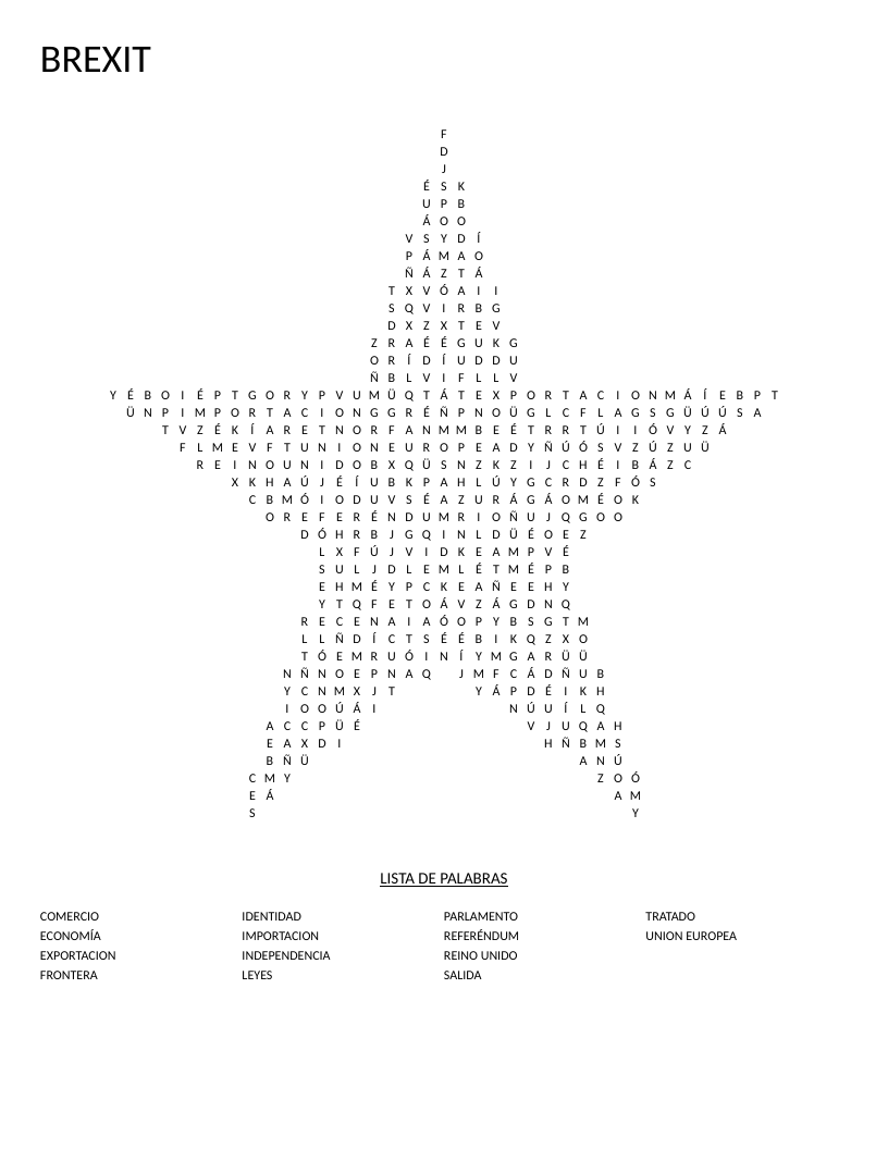 Star-shaped Brexit word search in Spanish with terms like referéndum, tratado, and comercio.