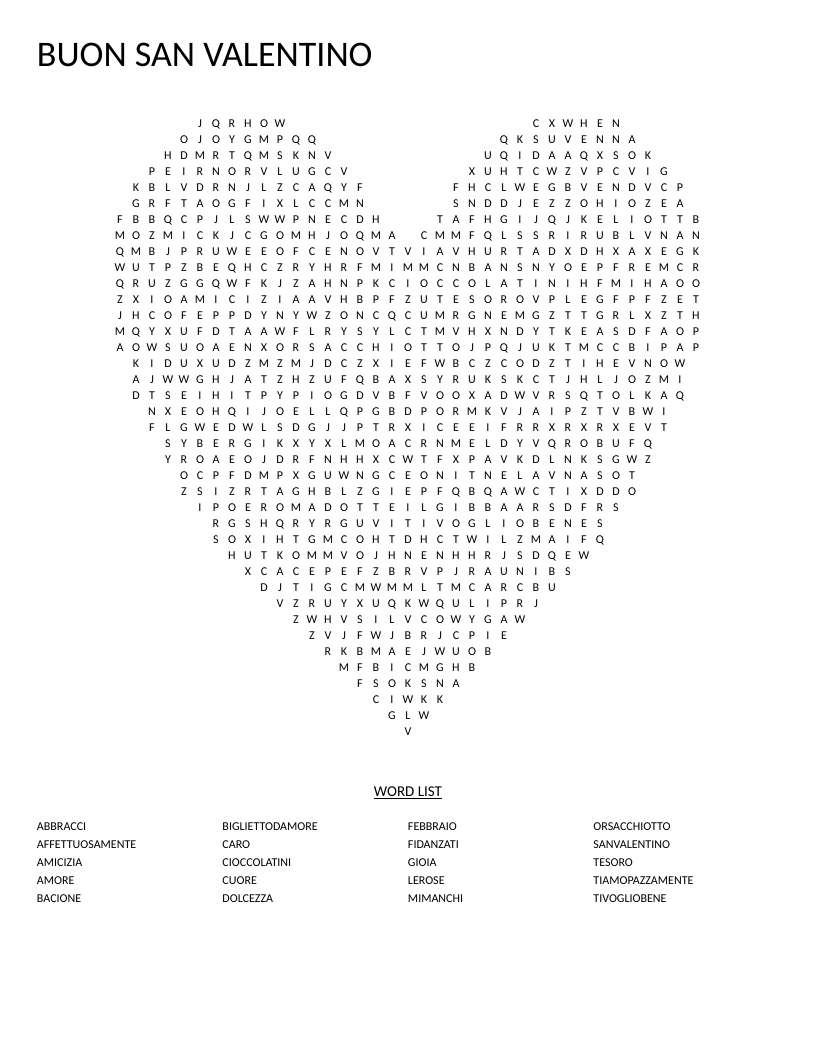 Heart-shaped Italian Valentine's Day word search with words like amore, cuore, and rose.