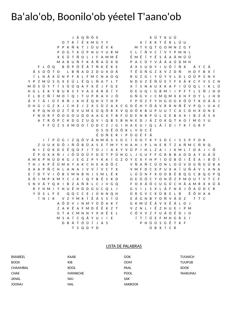 Clover-shaped Yucatec Maya word search with vocabulary for animals, foods, and plants.