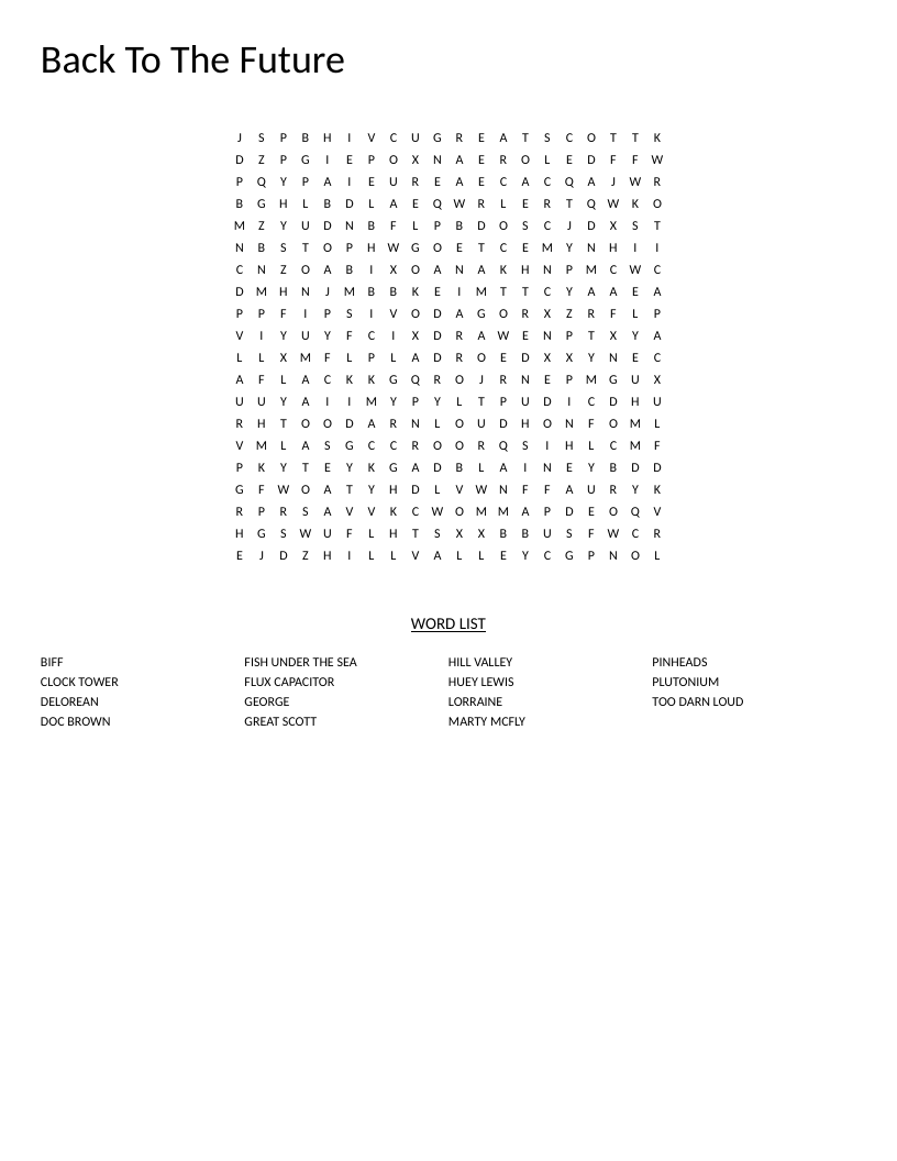 Back to the Future word search with DeLorean, flux capacitor, and character names.