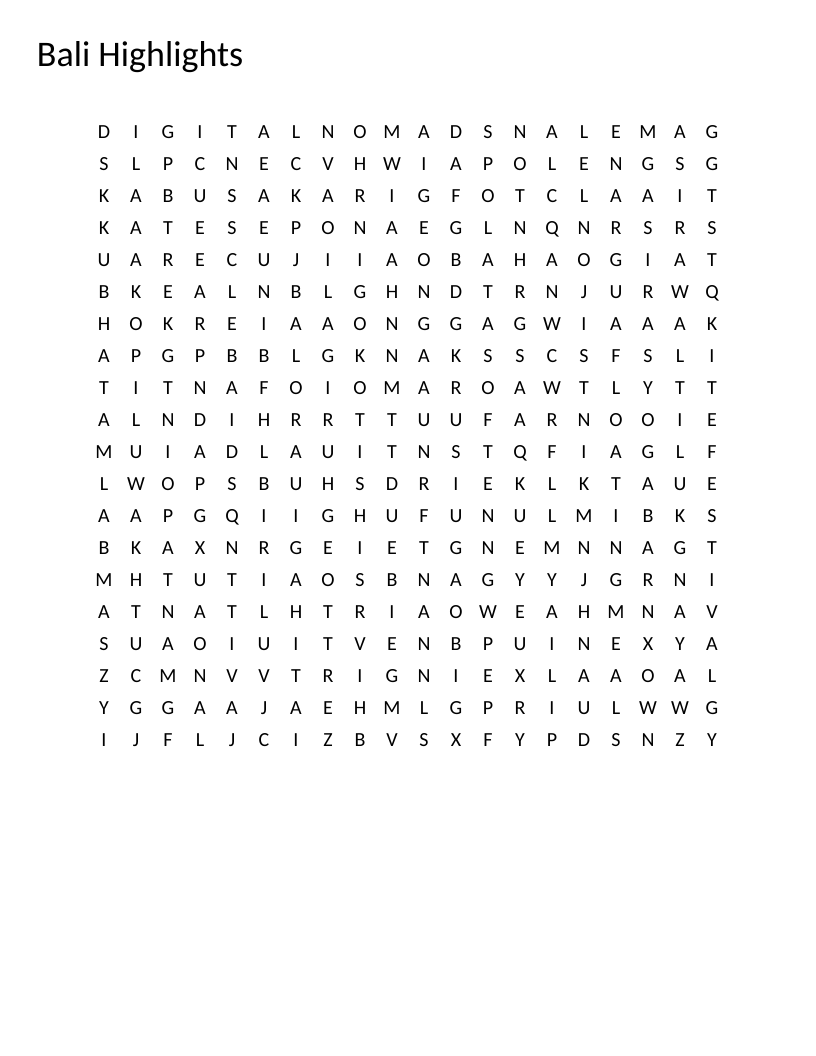 Bali word search with cultural words including gamelan, Nyepi, and wayang kulit.