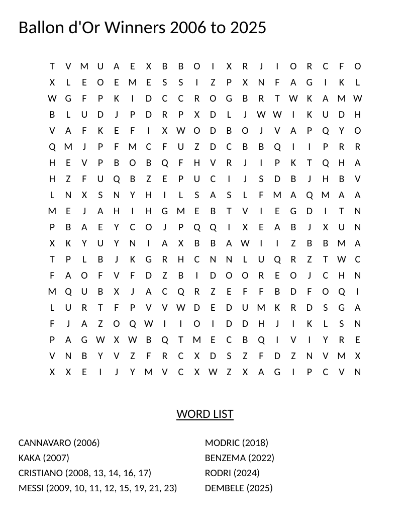Ballon d'Or winners word search with soccer players including Messi, Cristiano, and Rodri.