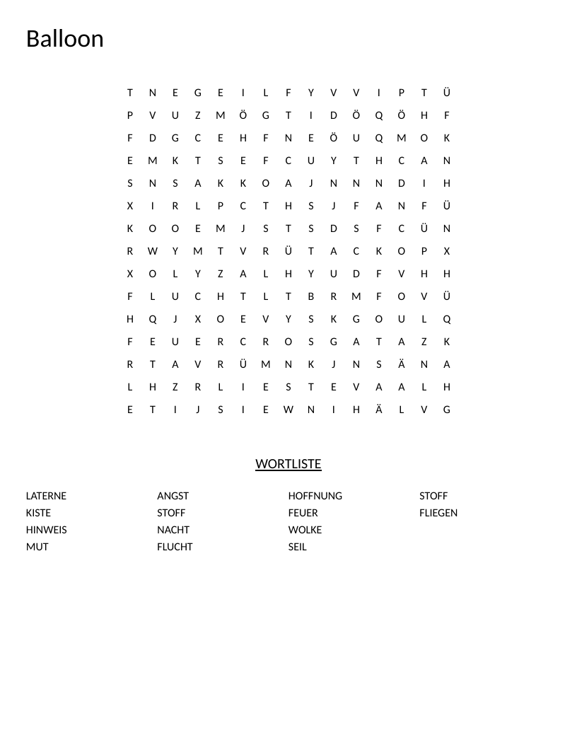 German balloon word search with vocabulary including Hoffnung, Feuer, and Wolke.