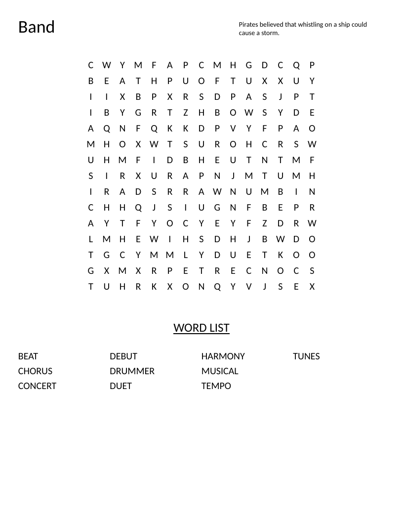 Band word search with music vocabulary including drummer, concert, and harmony.
