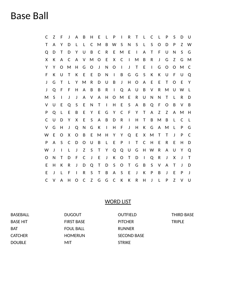 Baseball word search with vocabulary words like homerun, pitcher, and outfield.