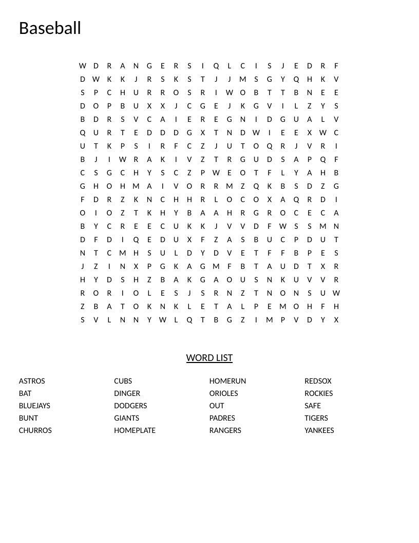 Baseball word search with hidden MLB team names and game terms like homerun and bunt.