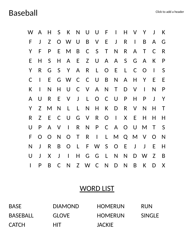 Baseball word search with vocabulary including homerun, diamond, glove, and Jackie.