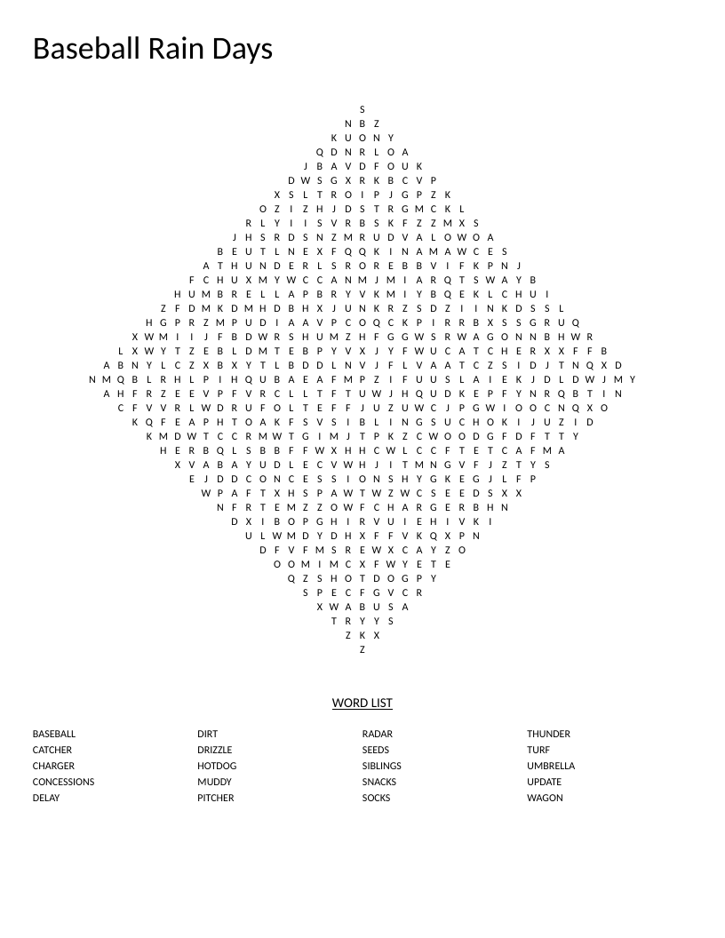 Diamond-shaped baseball word search with words like pitcher, rain, and concessions.
