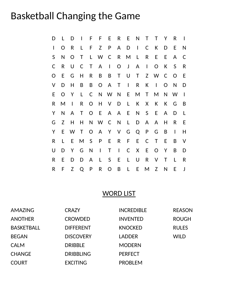 Basketball word search with words like dribbling, court, rules, and invention.