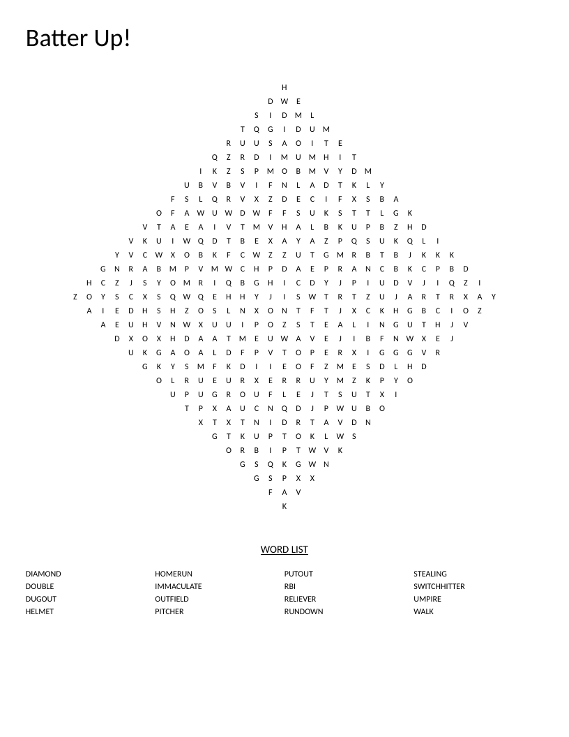Diamond-shaped baseball word search with terms like homerun, pitcher, and umpire.