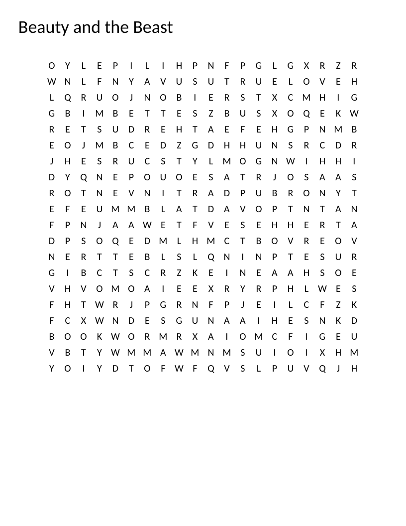 Beauty and the Beast word search with characters including Belle, Lumiere, and Gaston.