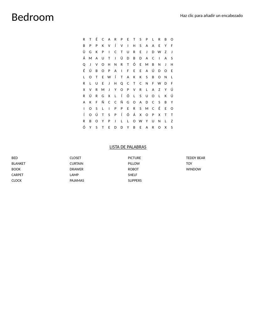 Bedroom word search with vocabulary words like bed, pillow, lamp, and teddy bear.