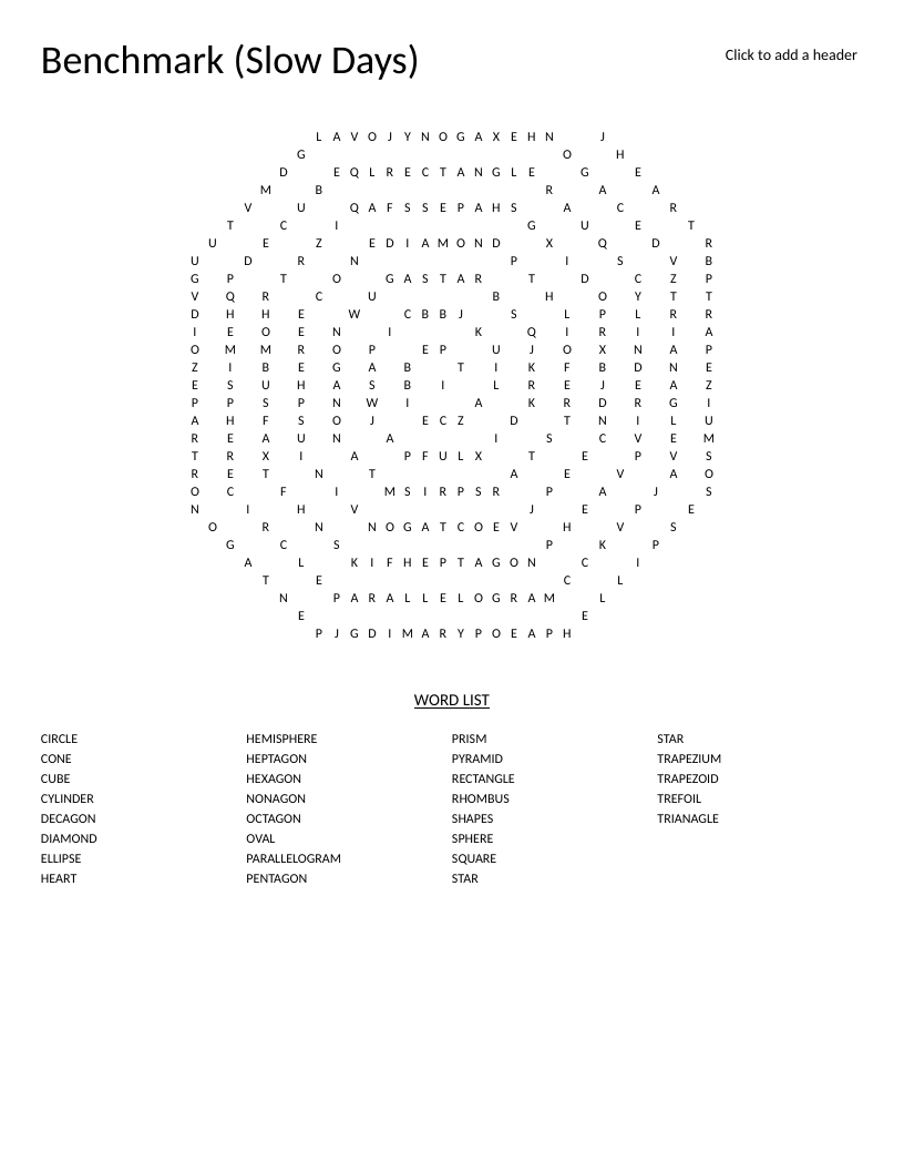 Shapes word search in spiral format with geometry vocabulary like pentagon, sphere, and trapezoid.