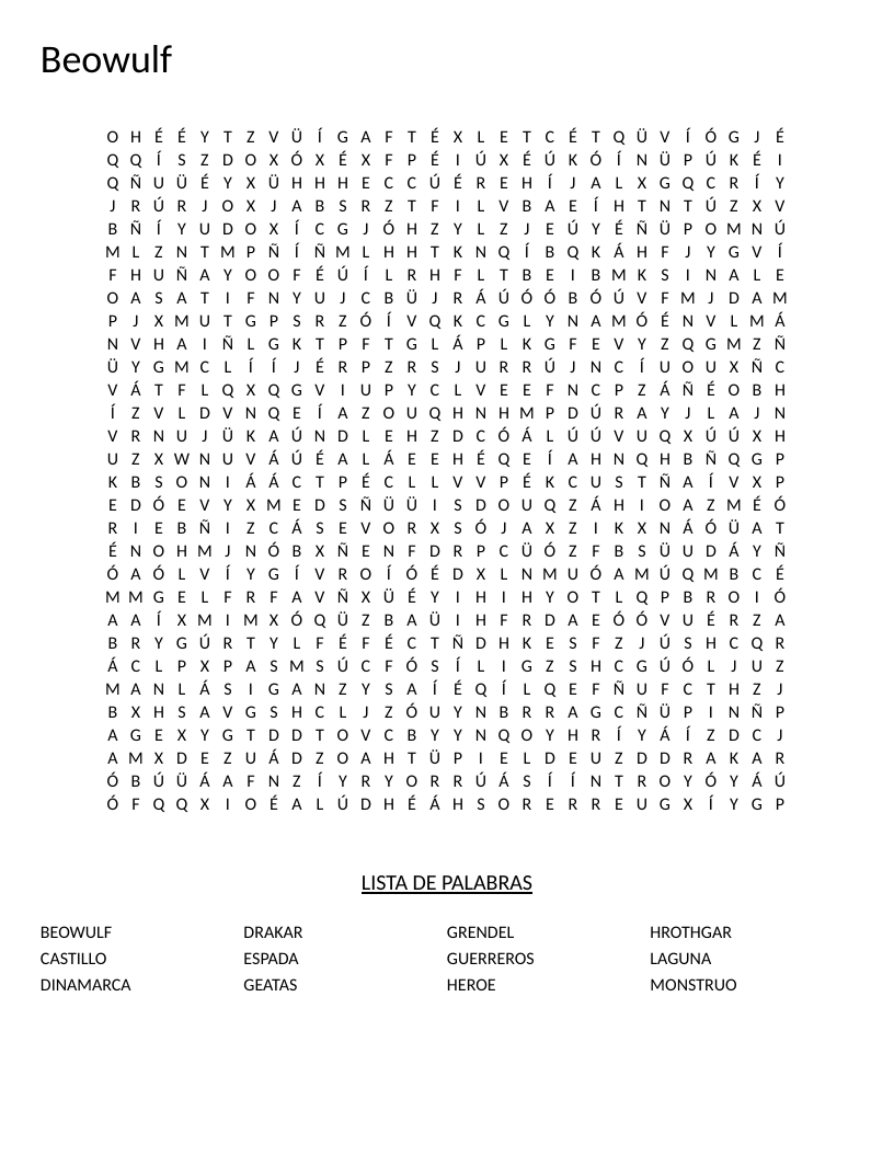 Beowulf Spanish word search with characters like Grendel and Hrothgar.