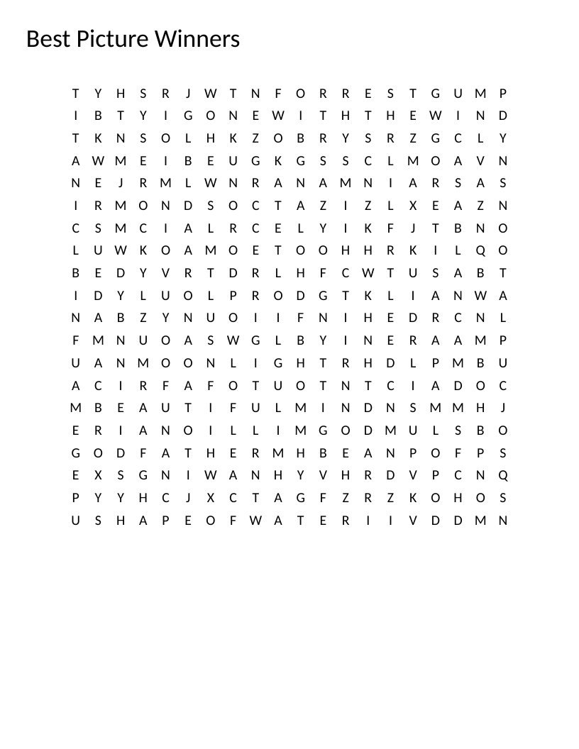 Best Picture winners word search with film titles like Casablanca, Godfather, and Parasite.