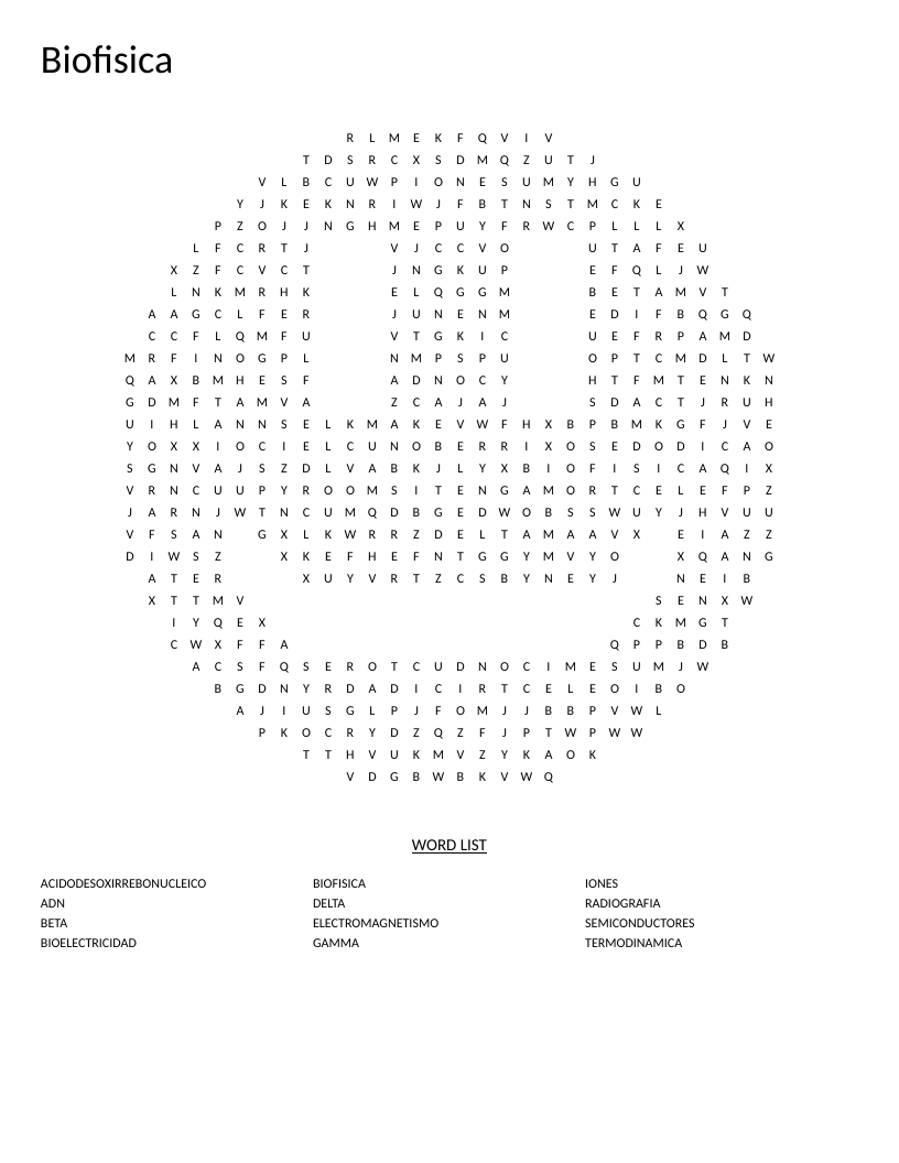 Smiley-shaped biophysics word search in Spanish with terms like bioelectricidad and radiografía.