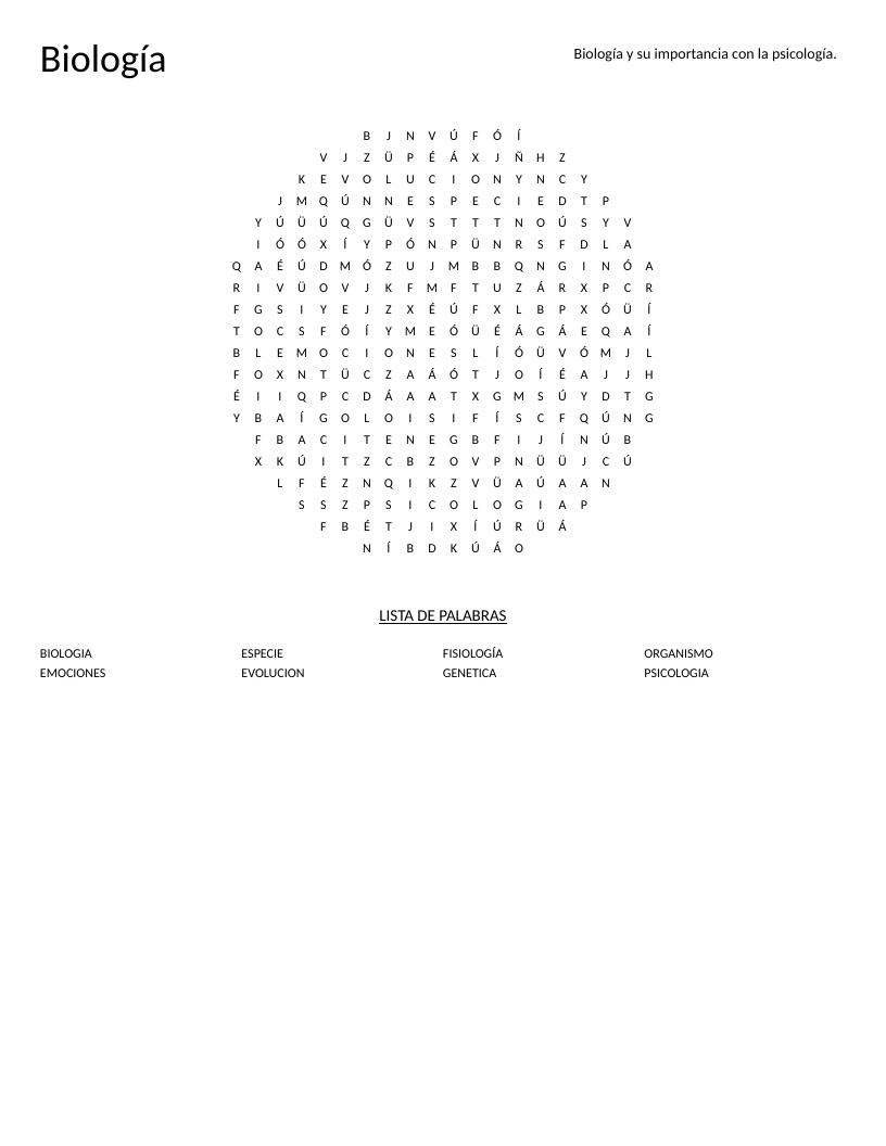 Circle-shaped Spanish biology word search with terms like organismo, genética, and evolución.