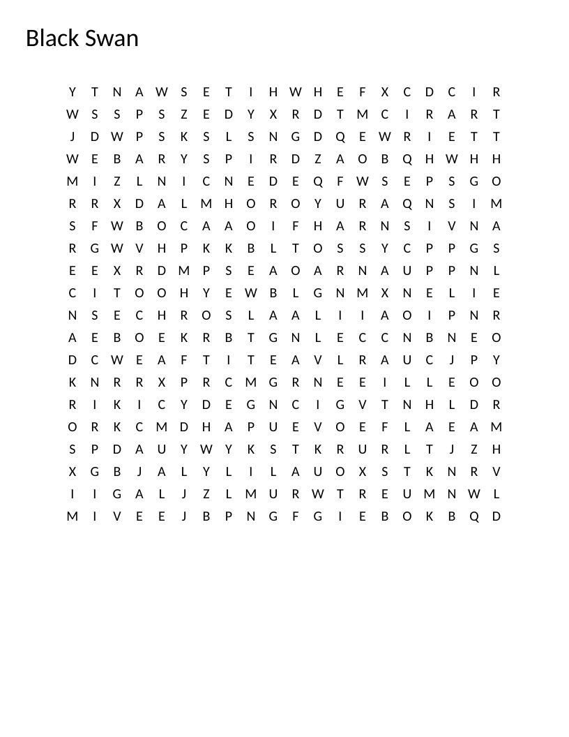 Black Swan film word search with ballet and thriller vocabulary including Odette, Odile, and Swan Lake.