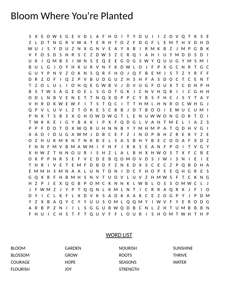 Growth-mindset word search with words like bloom, flourish, courage, and thrive.