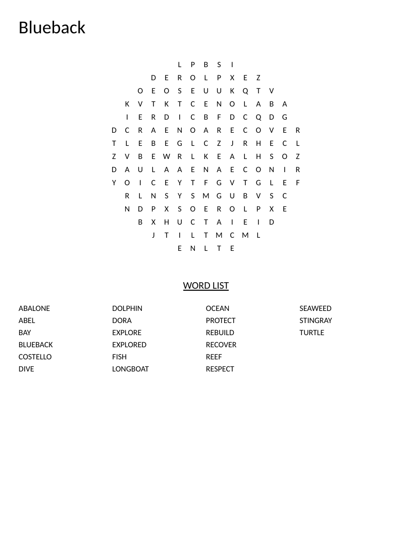 Circle-shaped Blueback word search with ocean words like dolphin, stingray, and conservation.