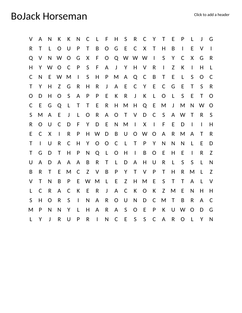 BoJack Horseman word search with character names like Diane, Princess Carolyn, and Mr. Peanut Butter.