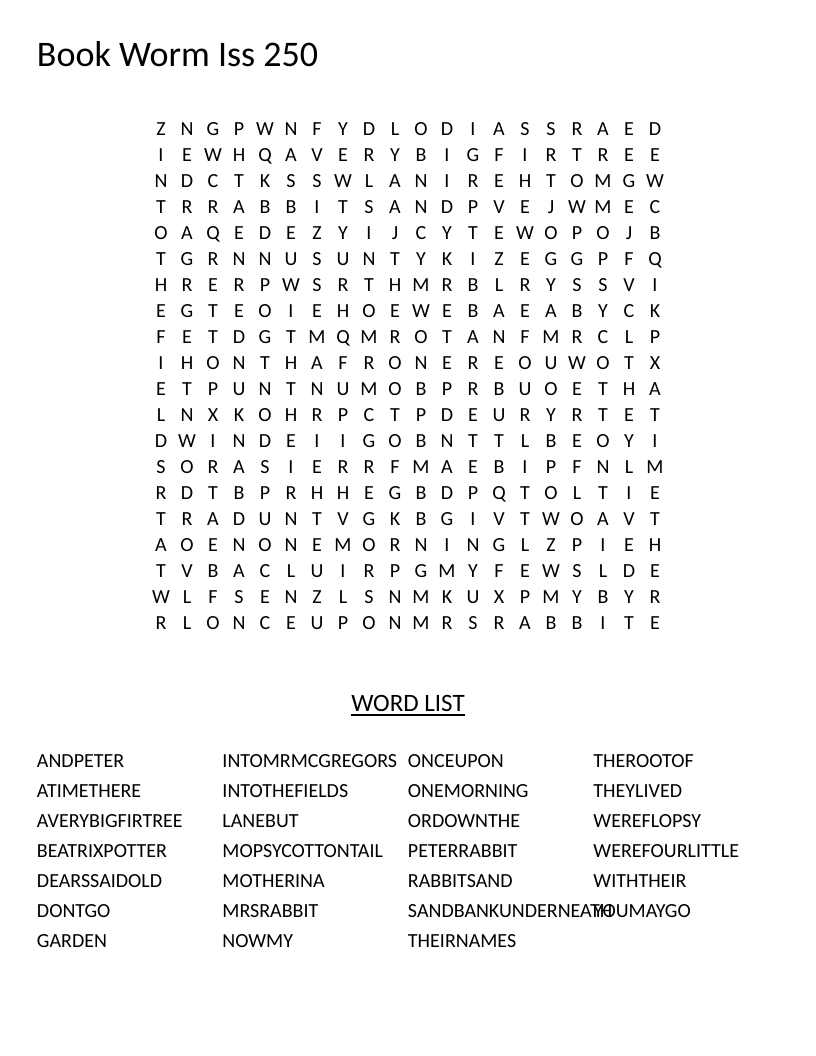 Peter Rabbit word search with phrases from Beatrix Potter's classic children's book.