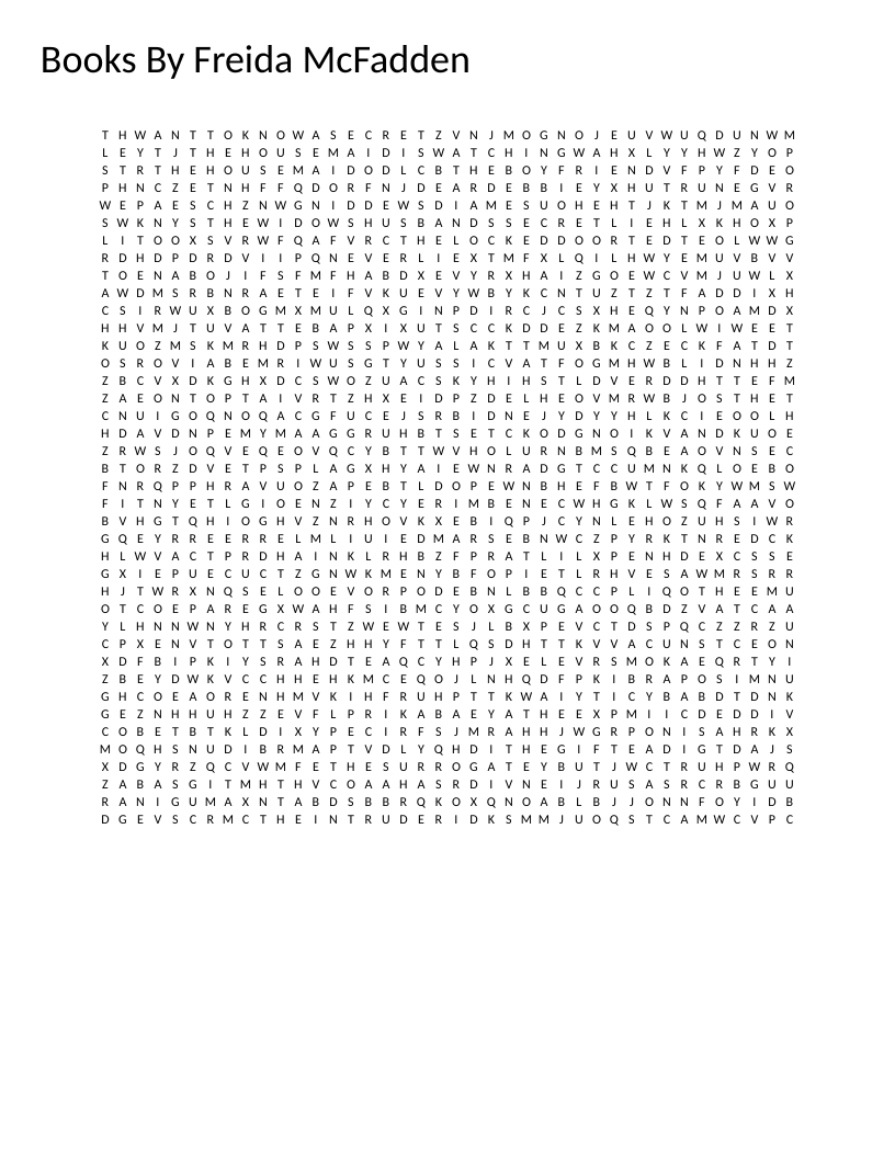 Freida McFadden book titles word search with thriller novel names like The House Maid and Never Lie.
