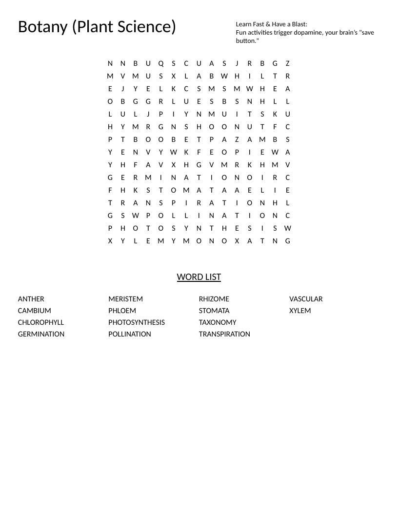 Botany word search with plant-science vocabulary including photosynthesis, chlorophyll, and xylem.