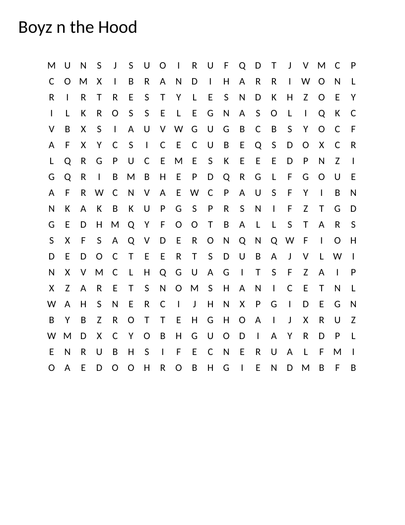 Boyz n the Hood word search with characters and themes from the 1990 film.