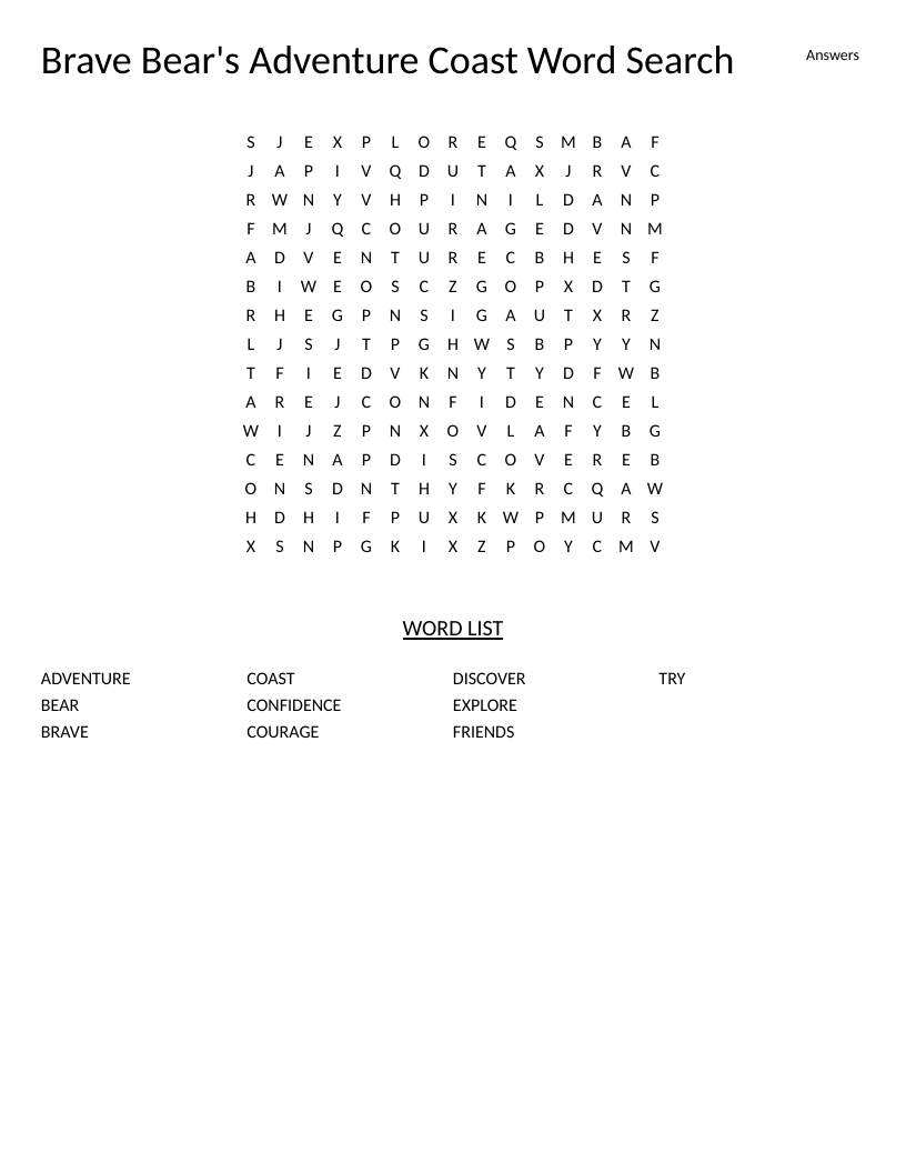 Brave Bear word search with adventure and courage vocabulary for early elementary.