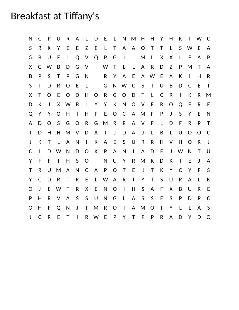 Breakfast at Tiffany's word search with Audrey Hepburn, Holly Golightly, and Moon River.
