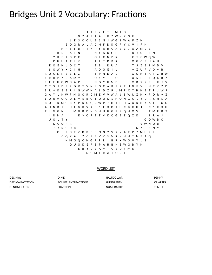 Smiley-shaped word search on fractions and decimals with words like numerator and denominator.