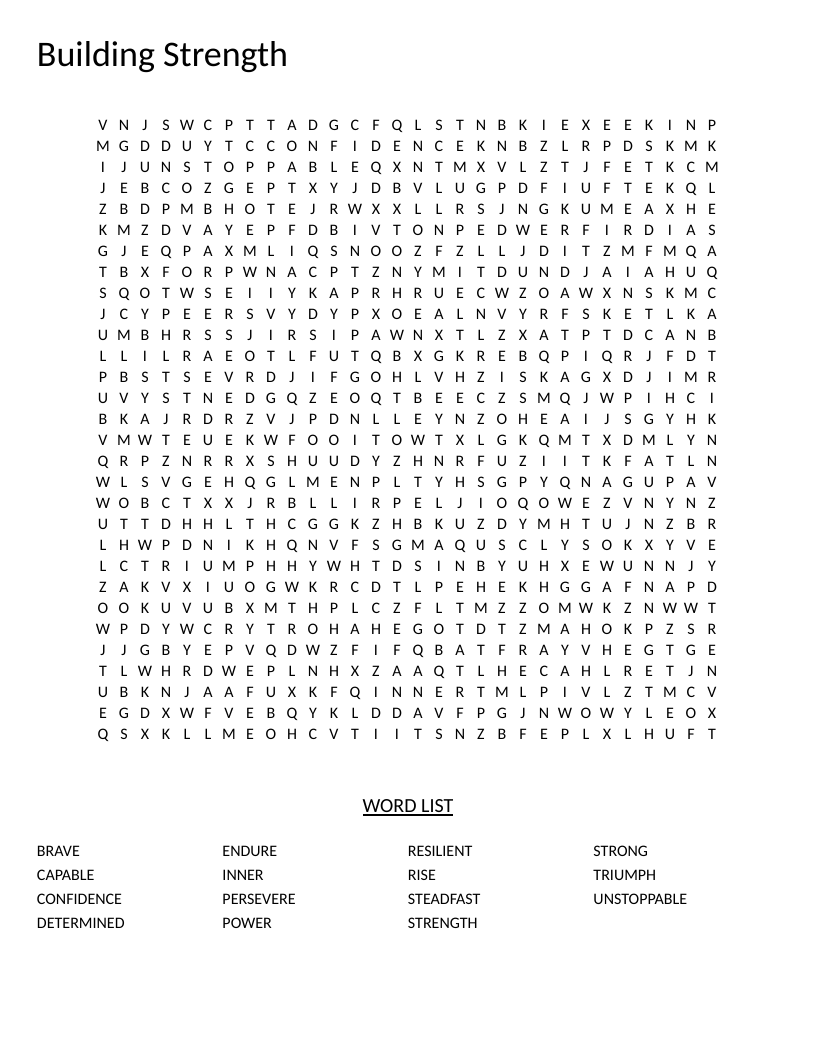 Building Strength word search with words like persevere, resilient, and triumph.