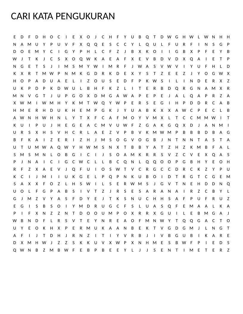 Malay measurement word search with vocabulary like luas, isipadu, and silinder.
