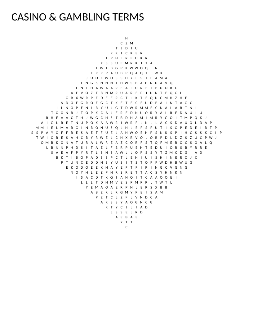 Diamond-shaped casino word search with 99 gambling and poker terms including blackjack, roulette, and vigorish.