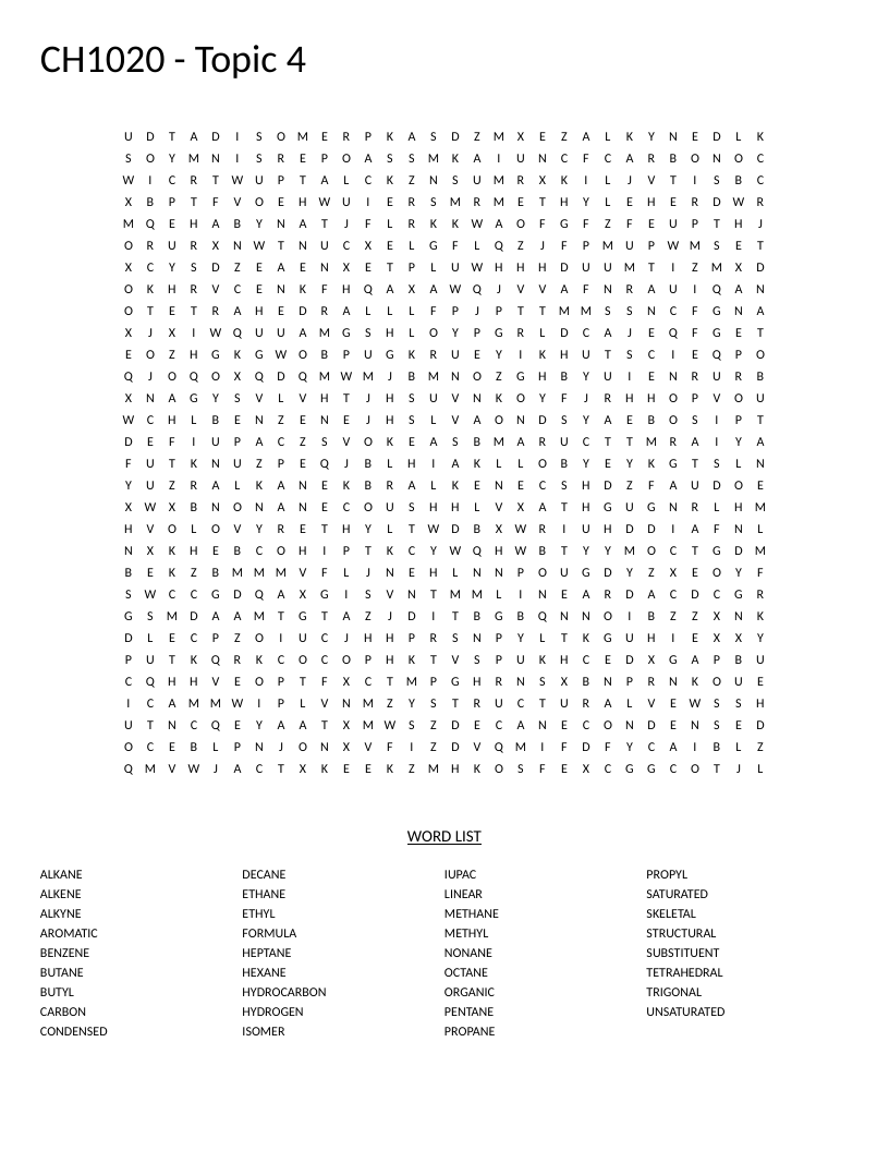 Organic chemistry word search with terms like alkanes, benzene, aromatic, and isomer.