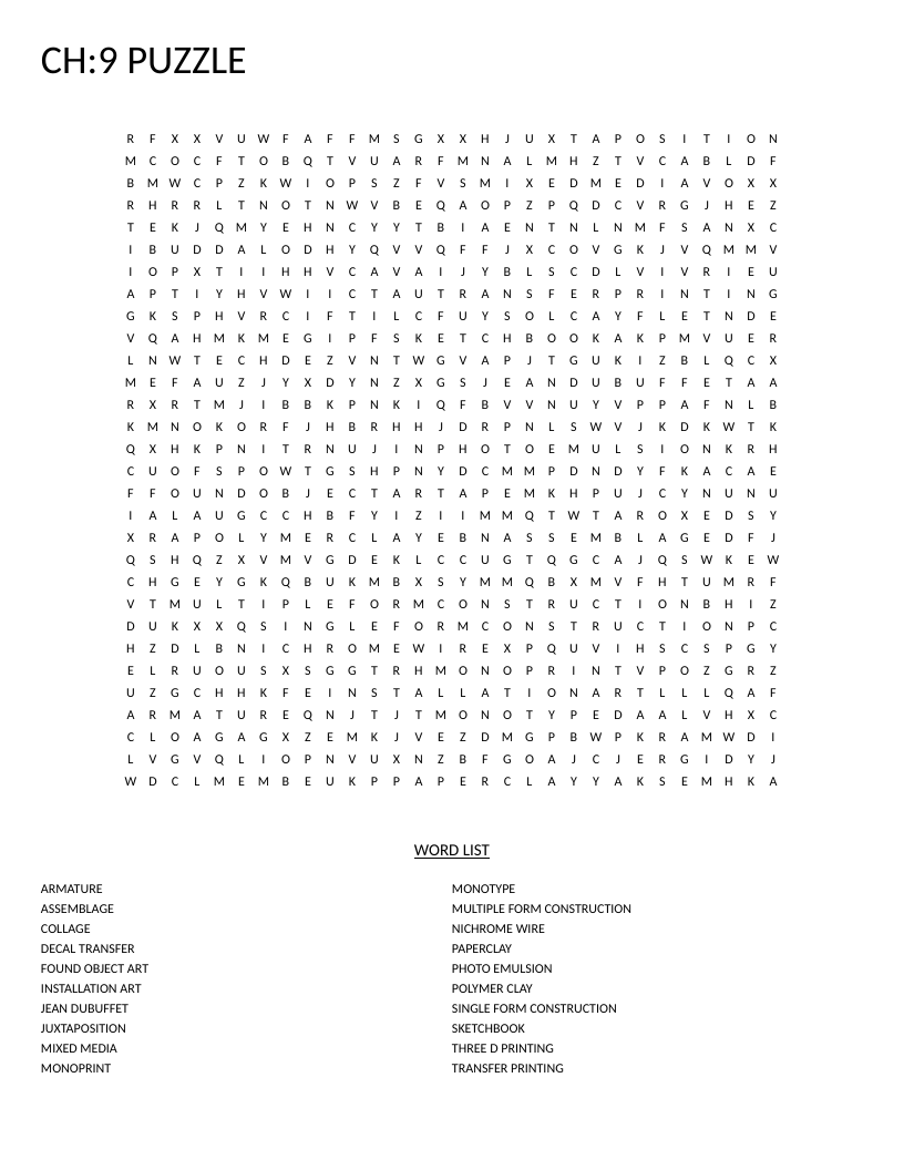 Art techniques word search with mixed media, found object art, and installation art vocabulary.