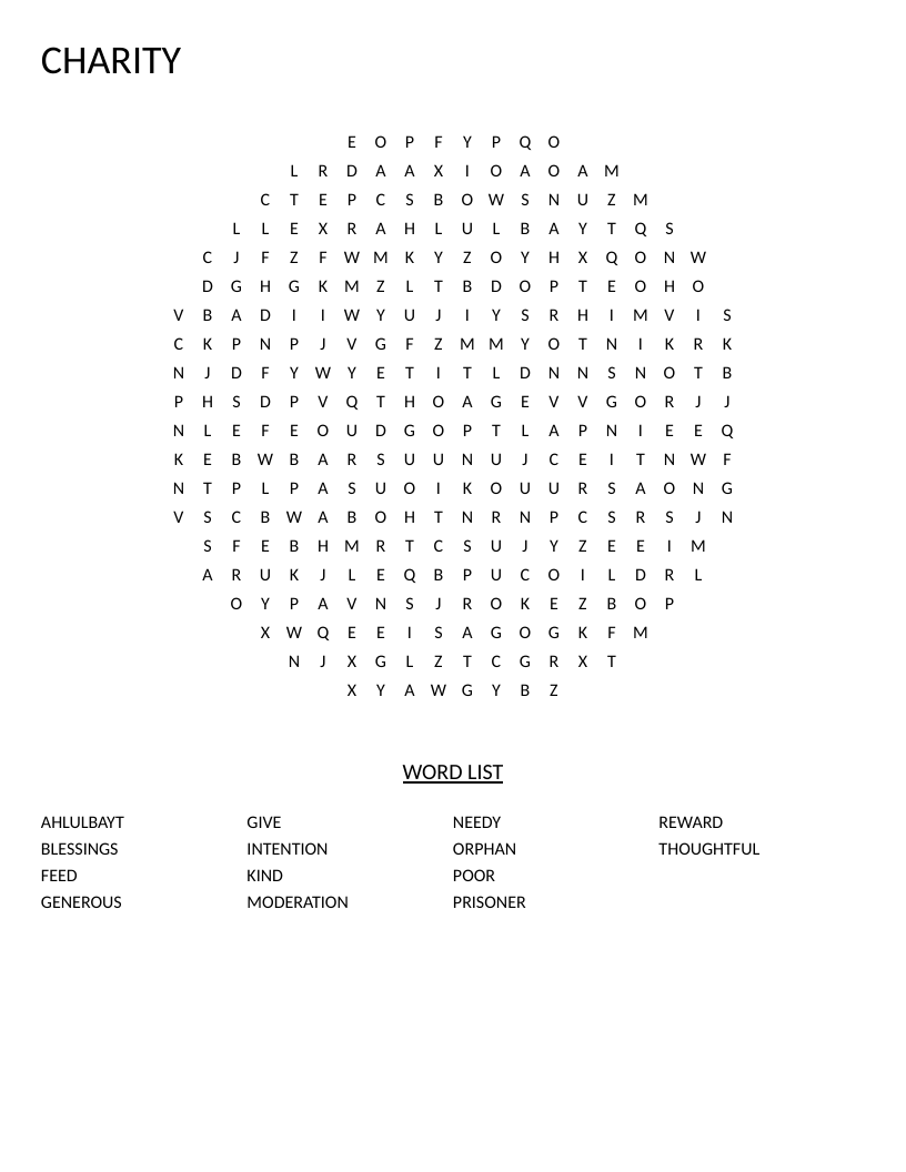 Circle-shaped charity word search with Islamic vocabulary including Ahlulbayt, generous, and orphan.