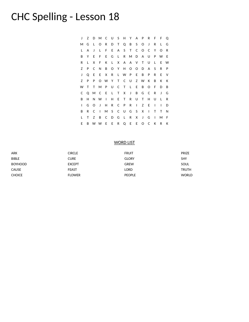Spelling word search for Lesson 18 with words like prize, bible, truth, and circle.