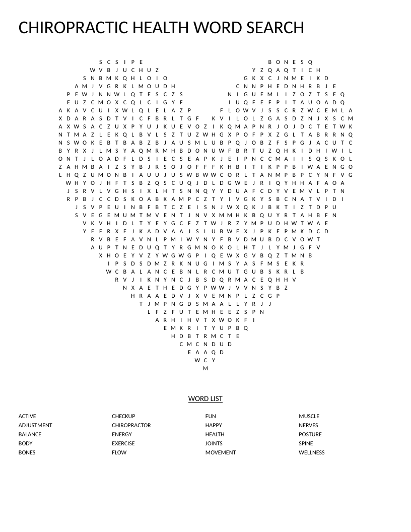 Heart-shaped chiropractic health word search with wellness words including spine, posture, and adjustment.